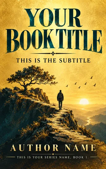Example eBook cover made with AI: a hiker on a mountain path under a gold sky