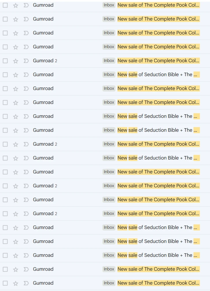 An email inbox filled with Gumroad “New sale” notifications, one after another.
