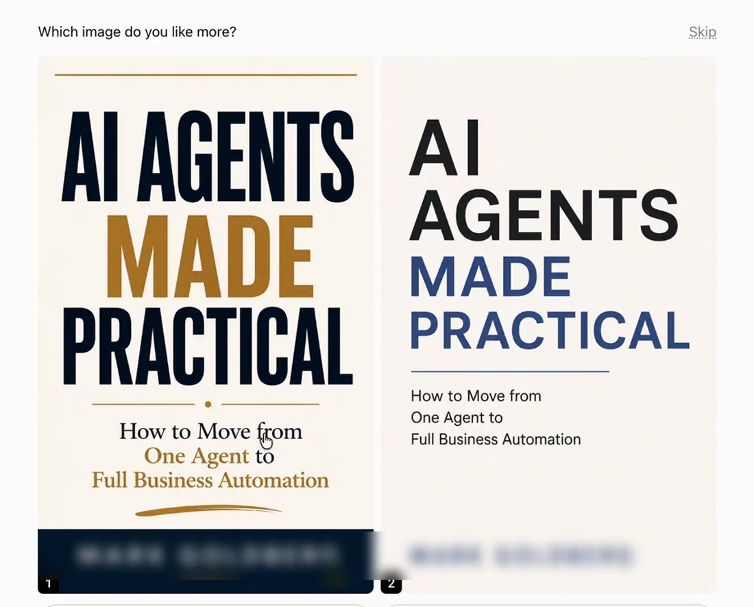 A still from Module 5 of the course: ChatGPT shows two finished cover designs for the book AI Agents Made Practical and asks which one you like more.