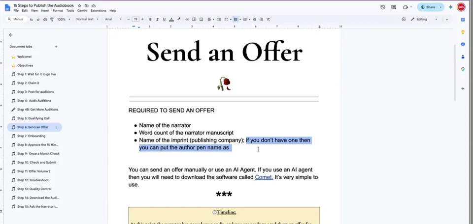 The 15 Steps to Publish the Audiobook document from Module 10, open at step 6, Send an Offer, which lists what you need before sending a narrator an offer.