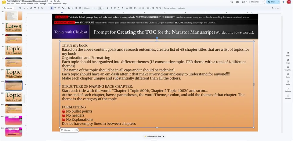 The Prompts Library from Module 9, open at the prompt for creating the table of contents of a narrator manuscript.